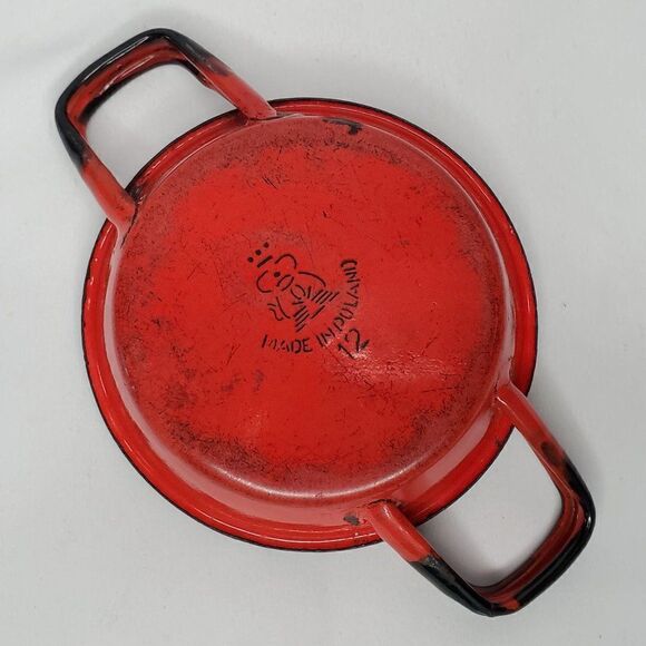 Vintage Poland Enamel Mini Handled Pan Red Black Farmhouse 3.5" Bottom Diameter - Picture 9 of 9